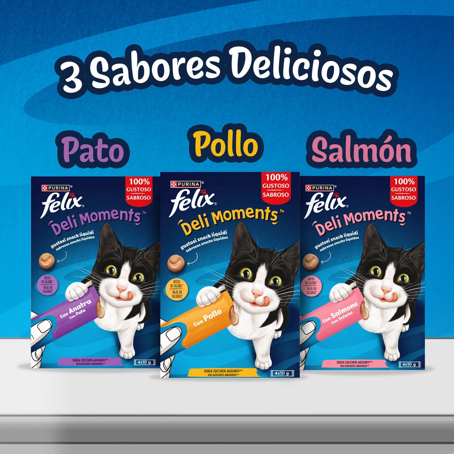 Felix Deli Moments Snack Líquido para Gatos (Pollo, Pato o Salmón) Pack 4x10 g FELIX
