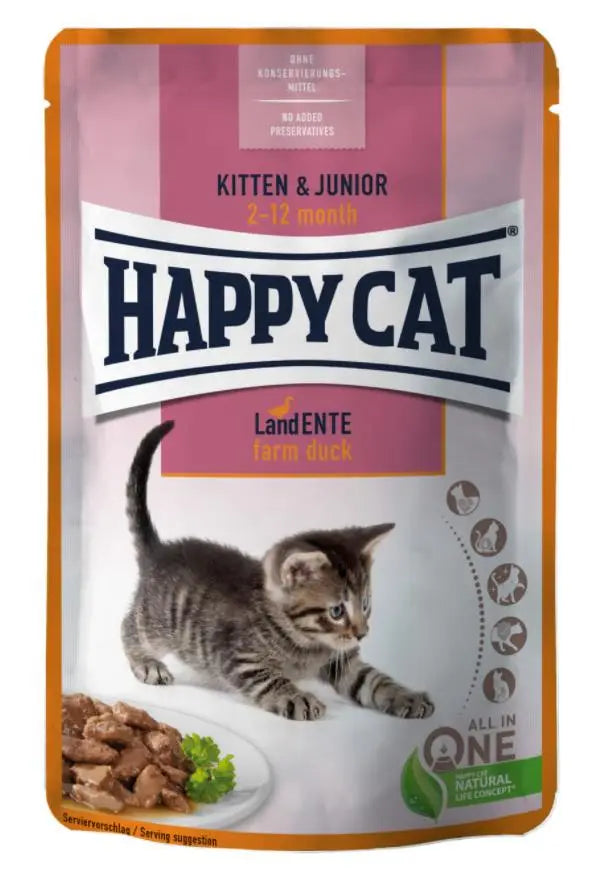 Happy Cat Kitten & Junior LandEnte Pouch 85 g (Pato)