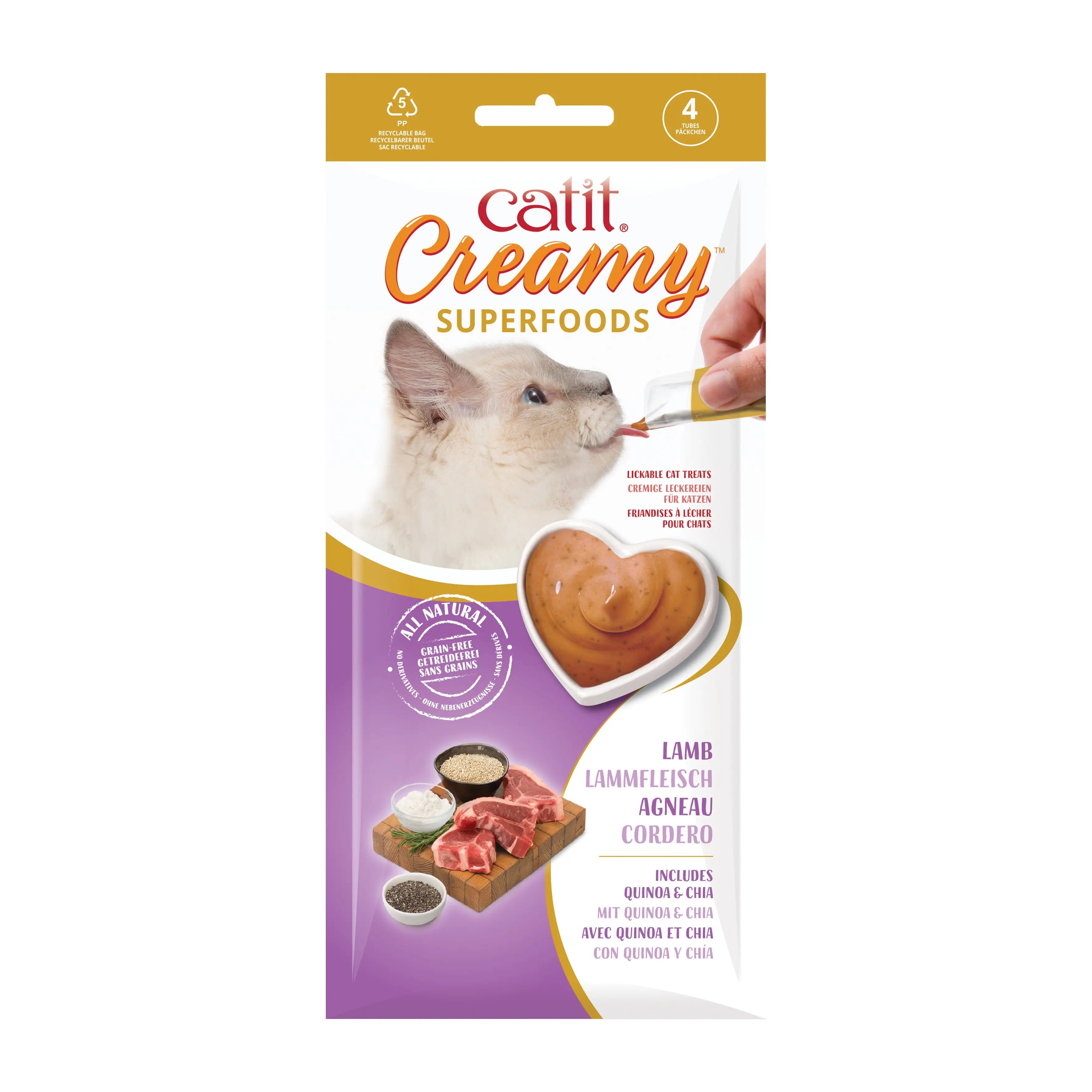 Catit Creamy Snack Superfood Cordero Con Quinoa Y Chía Pack 4X10G al mejor precio online