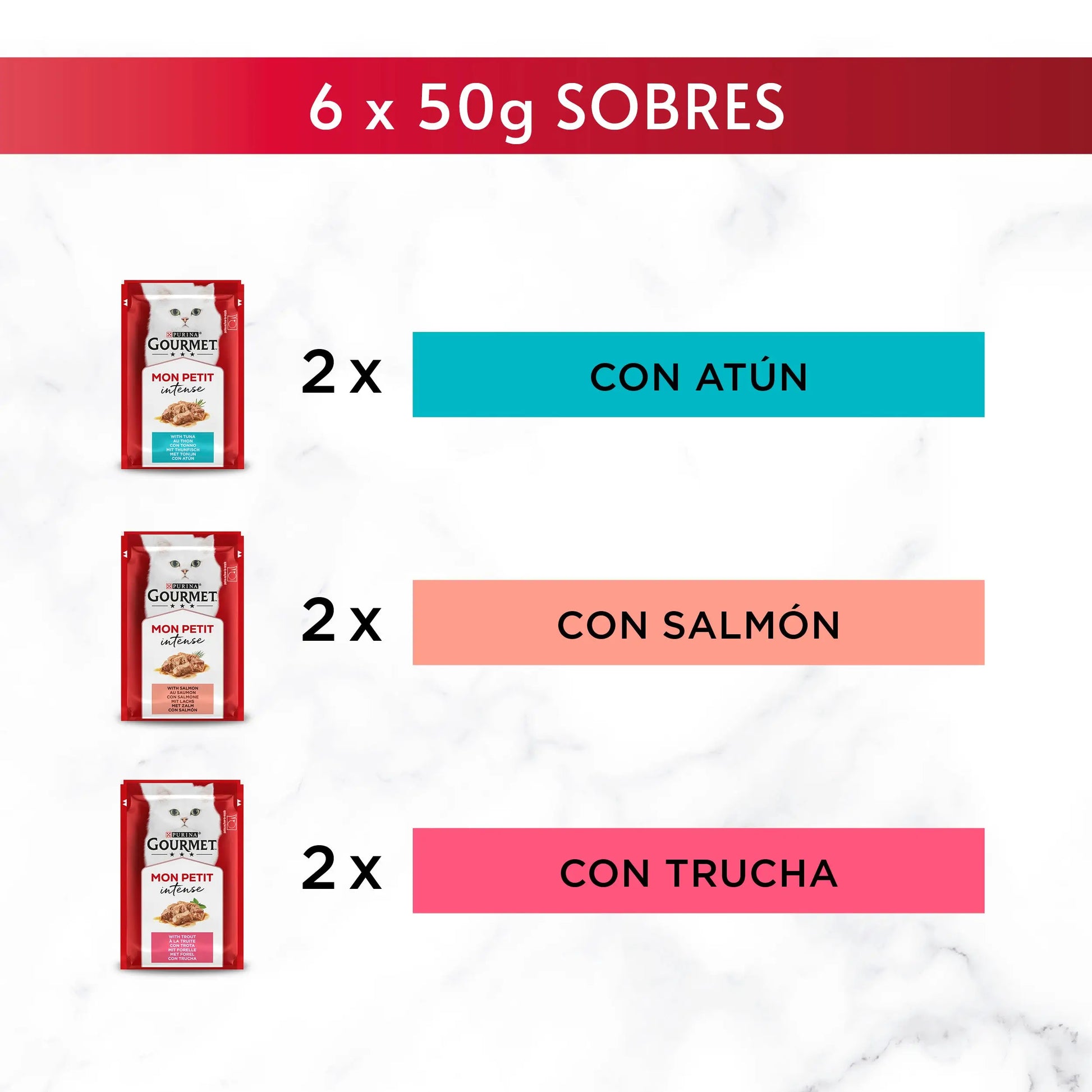 Gourmet Mon Petit Atún, Salmón y Trucha Pack 6x50 g PURINA