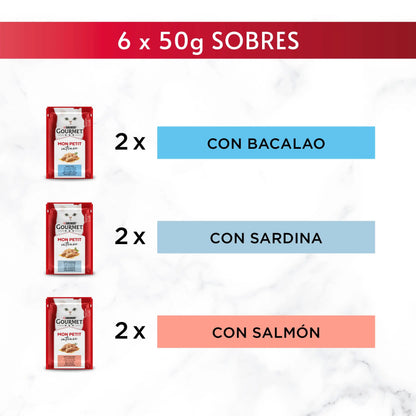 Gourmet Mon Petit Bacalao, Sardina y Salmón Pack 6X50 g PURINA
