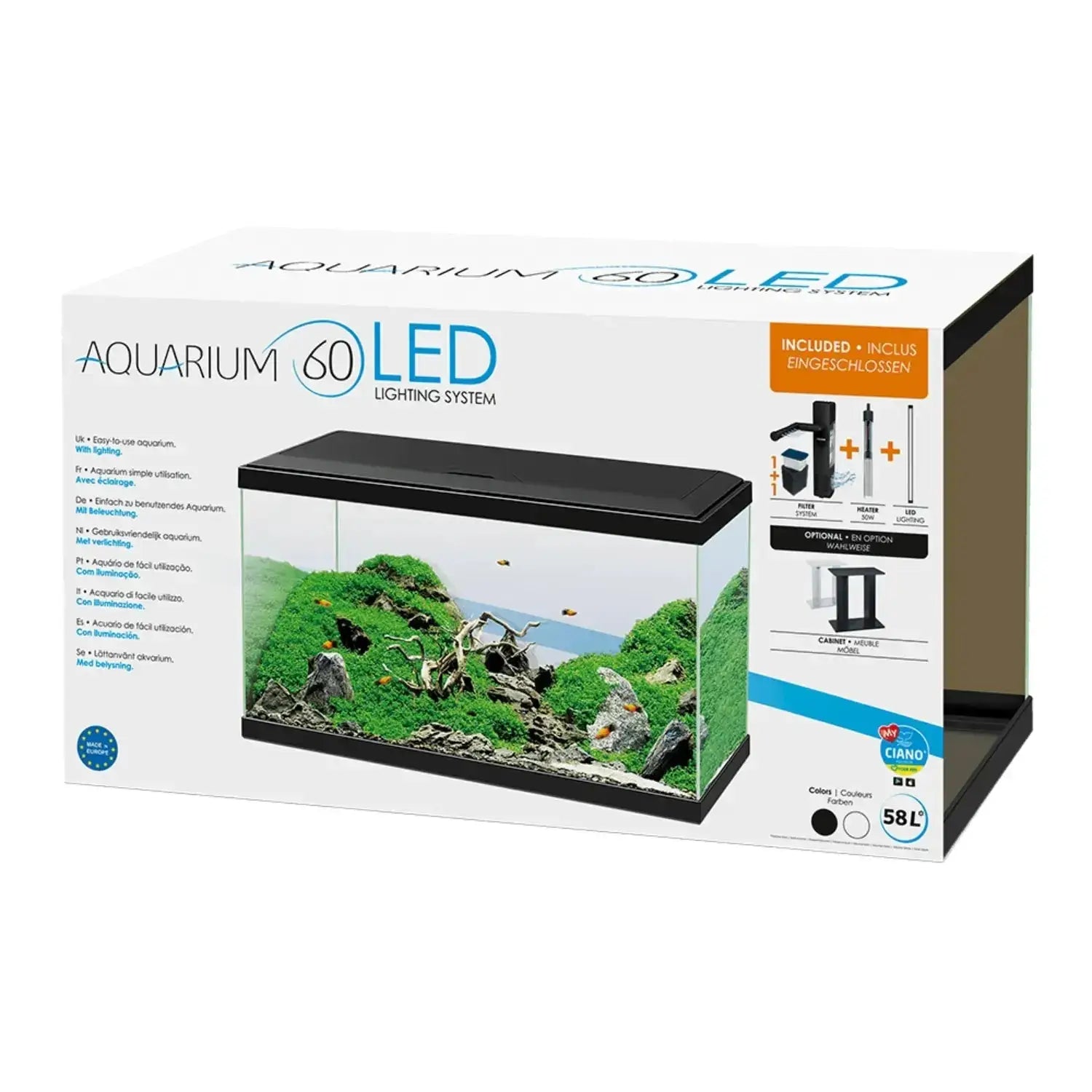 Acuario Aquarium 60 Led Filtro Interior 60X30X33,5 cm 58L. CIANO