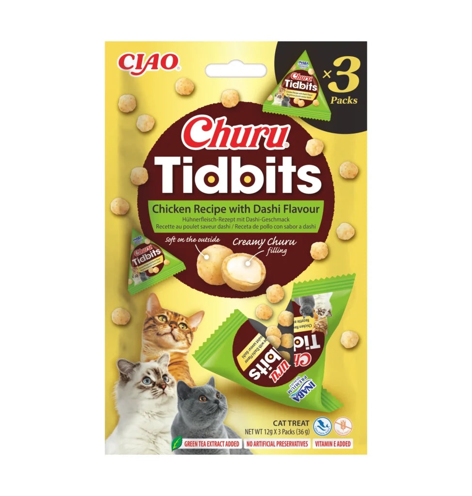 Churu Tidbits Receta de Pollo con Sabor Dashi Snack para Gatos INABA Mascotas-Ávila