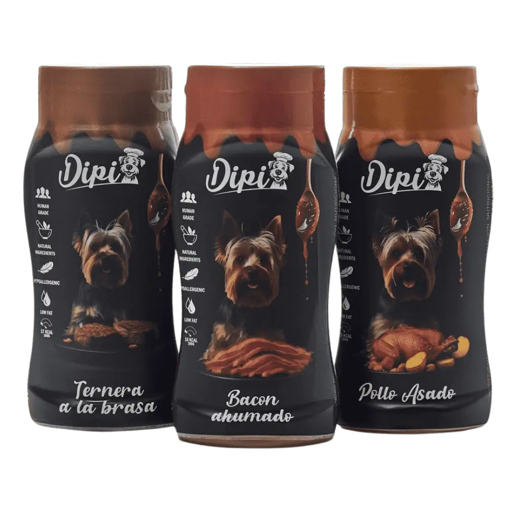Dipi Salsa para Perros 300 ml con Ingredientes Naturales | Pollo Asado, Bacon Ahumado y Ternera a la Brasa DIPI Mascotas-Ávila