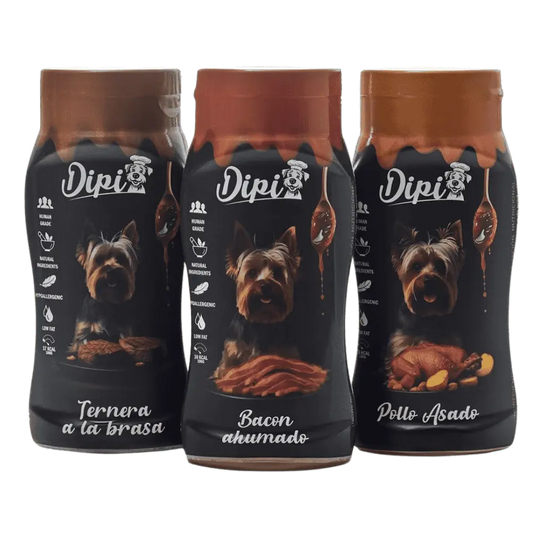 Dipi Salsa para Perros 300 ml con Ingredientes Naturales | Pollo Asado, Bacon Ahumado y Ternera a la Brasa DIPI Mascotas-Ávila