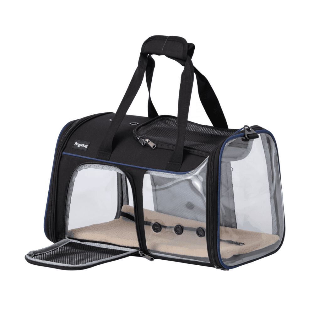 Negro y Azul Marino Freedog Transportín Transparente JFK 49x29x29cm para Perros y Gatos FREEDOG Mascotas-Ávila