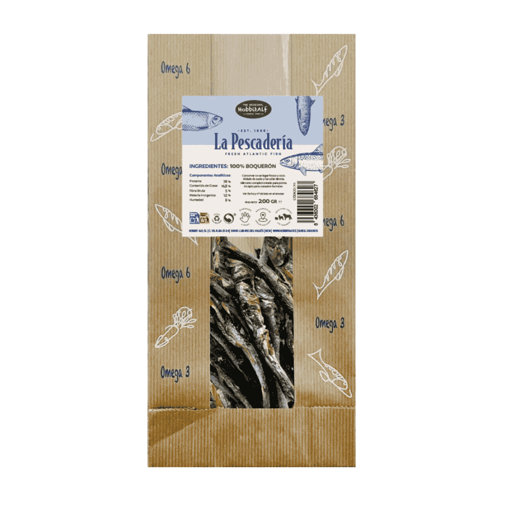 Boquerones Hobbit La Pescadería 200 g Snack 100% Natural para Perros HOBBIT.ALF Mascotas-Ávila