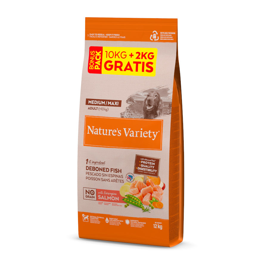 10+2 kg gratis Nature'S Variety No Grain Adult Medium Maxi Salmón Noruego Nature's Variety Mascotas-Ávila