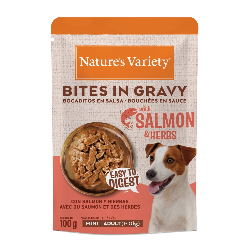 Nature's Variety Dog Bites in Gravy Mini Salmón y Hierbas Comida Húmeda para Perros 100g NATURE'S VARIETY Mascotas-Ávila