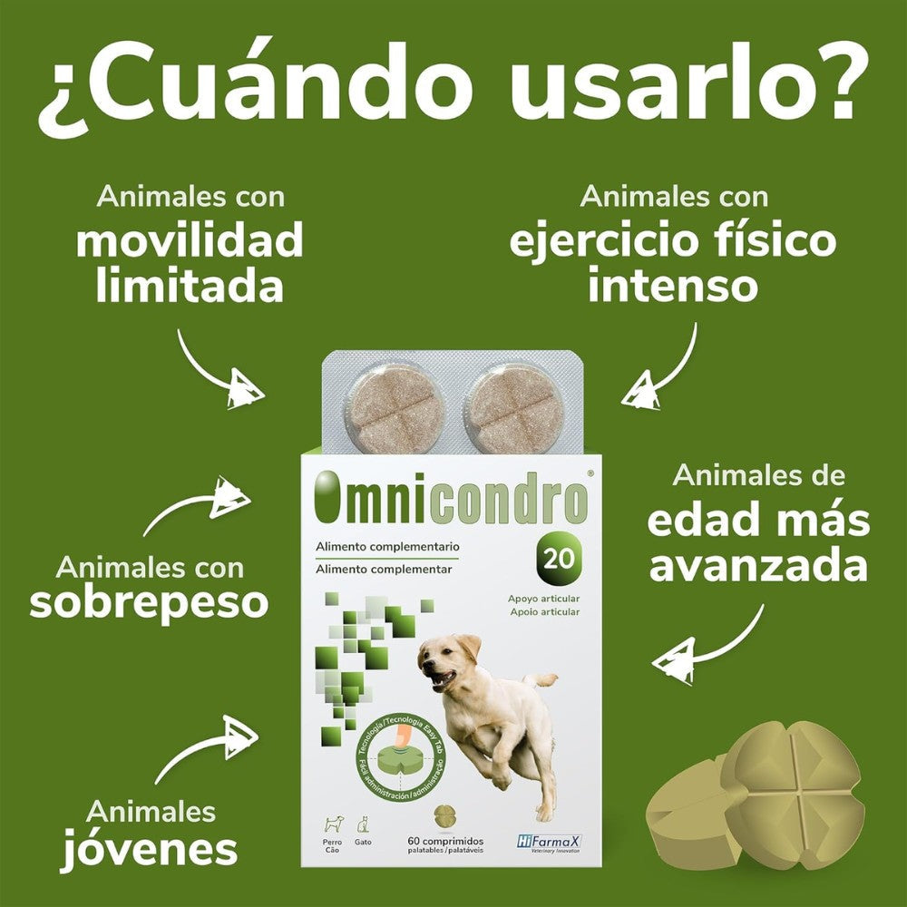 Omnicondro 20 | 60 comprimidos | Condroprotector para Perros y Gatos con Glucosamina y Condroitina | Suplemento Nutricional para Reforzar Articulaciones | Hifarmax HIFARMAX Mascotas-Ávila