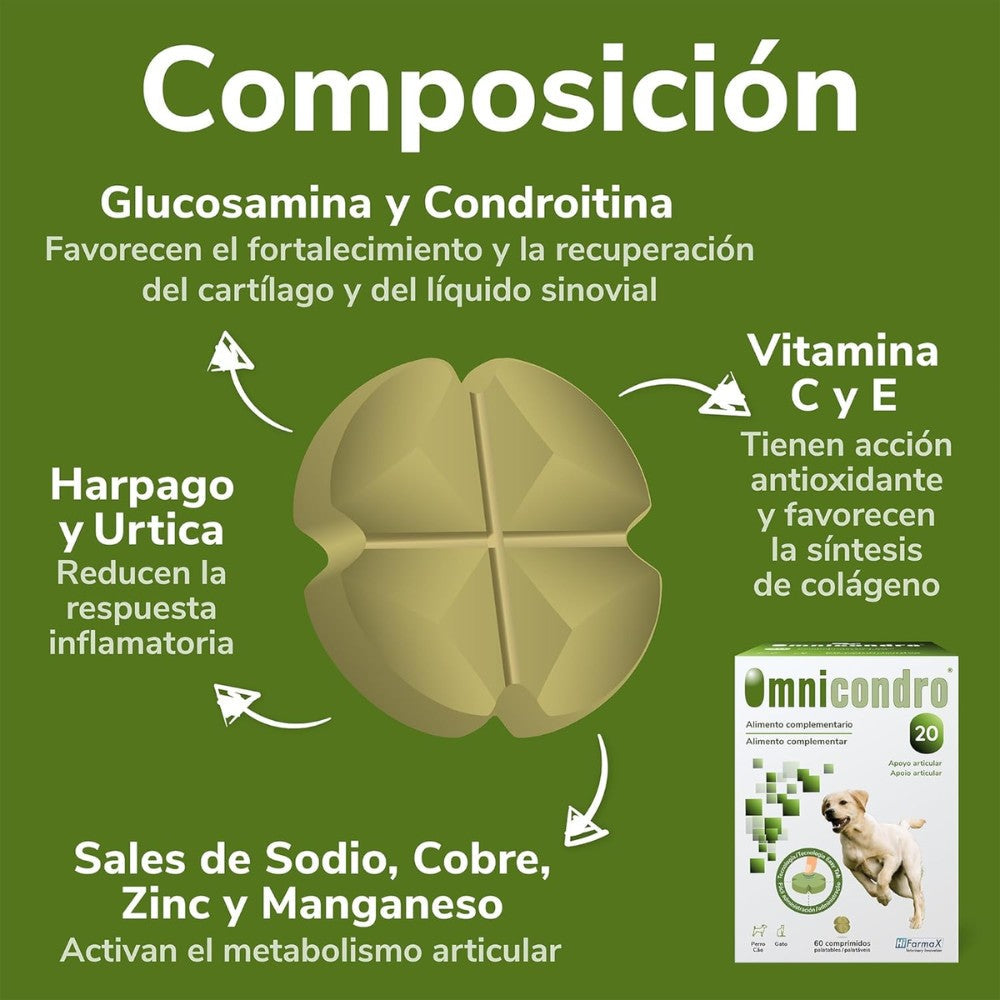 Omnicondro 20 | 60 comprimidos | Condroprotector para Perros y Gatos con Glucosamina y Condroitina | Suplemento Nutricional para Reforzar Articulaciones | Hifarmax HIFARMAX Mascotas-Ávila