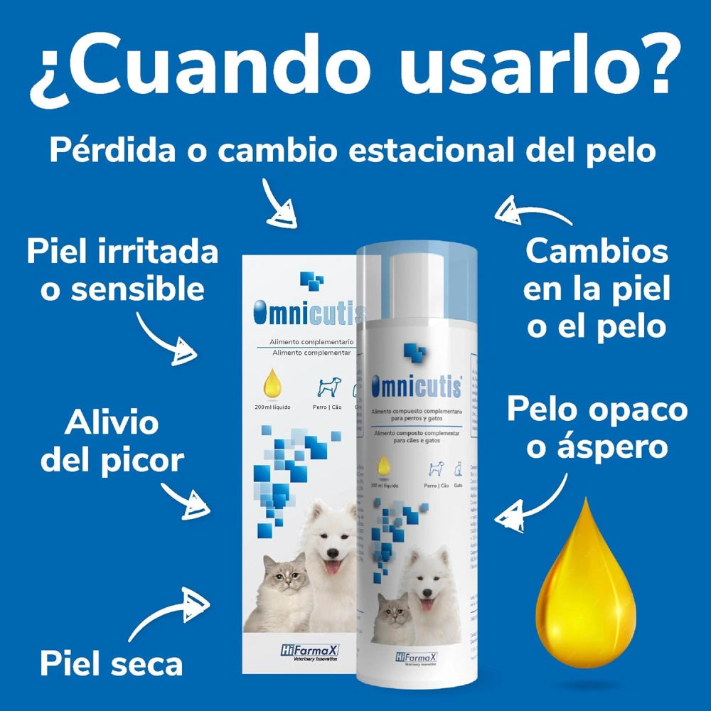 Omnicutis Líquido 200 ml Suplemento con Vitaminas, Zinc, Omega 3 y MSM para Perros y Gatos HIFARMAX Mascotas-Ávila