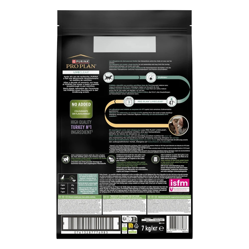 Pro Plan LiveClear Sterilised Adult Pavo Pienso Reduce Alérgenos sobre el Pelo del Gato PRO PLAN Mascotas-Ávila