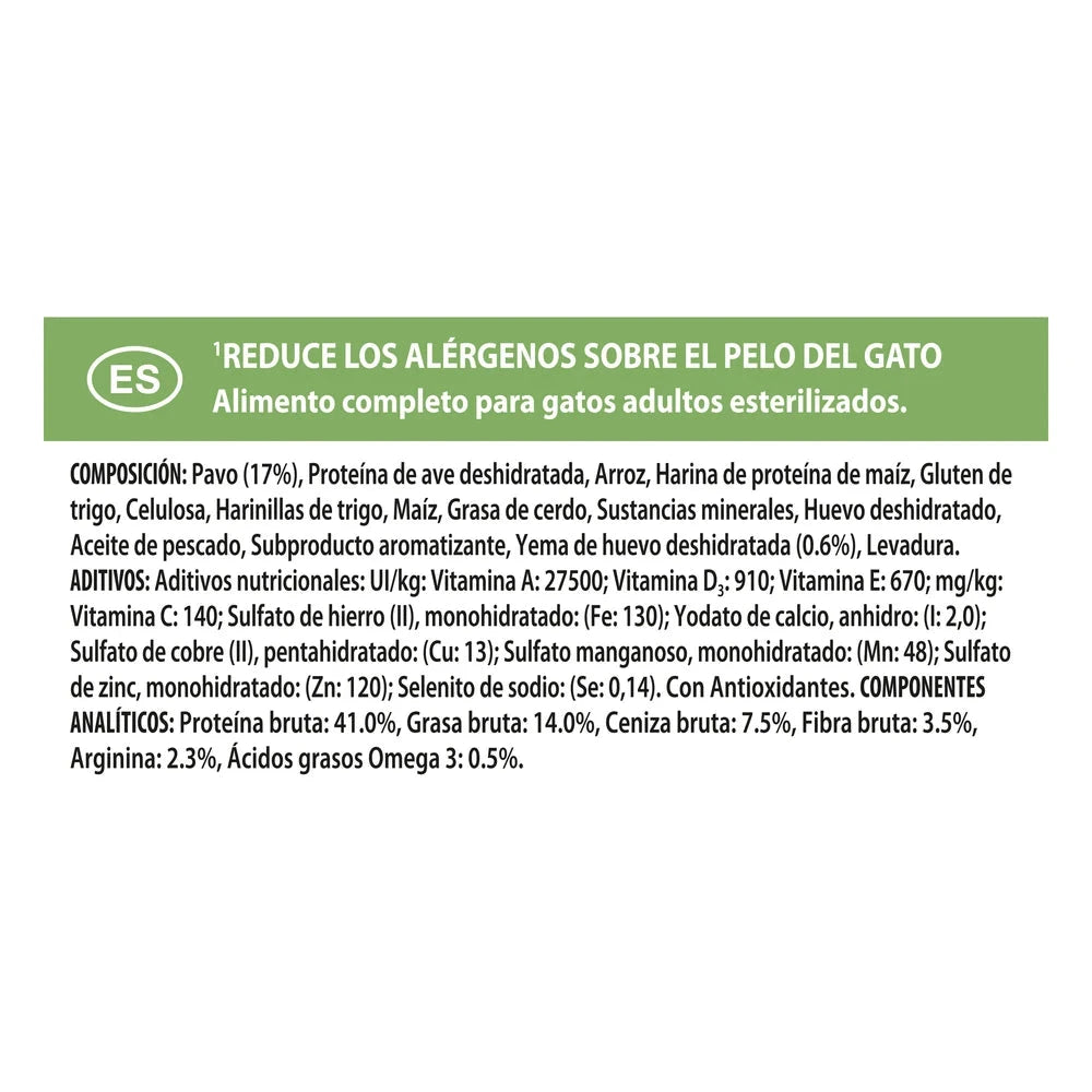 Pro Plan LiveClear Sterilised Adult Pavo Pienso Reduce Alérgenos sobre el Pelo del Gato PRO PLAN Mascotas-Ávila