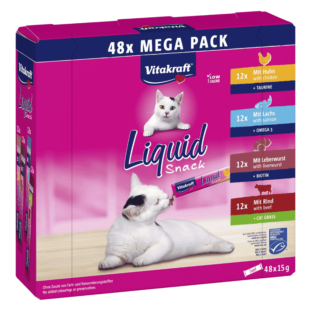 Vitakraft Liquid Snack para Gatos Megapack 48x15 g (12xPollo, 12xSalmón, 12xPaté de Hígado y 12xTernera) VITAKRAFT Mascotas-Ávila