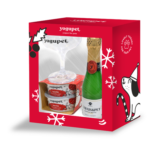 Yogupet Navidad Pack Champán Cheers&Pet + Copa Bebedero + 2 Yogurt de Turrón para perros y Gatos YOGUPET Mascotas-Ávila
