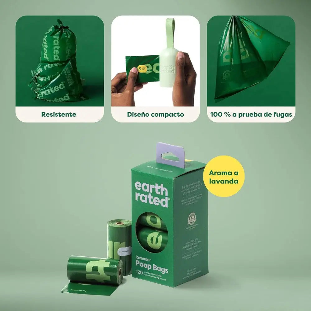 Bolsas Higiénicas con Asas para Recoger Excrementos de Perros. Ultra resistentes. Aroma a Lavanda. 120 unidades. Earth Rated. - Mejor Precio - Mascotas Ávila