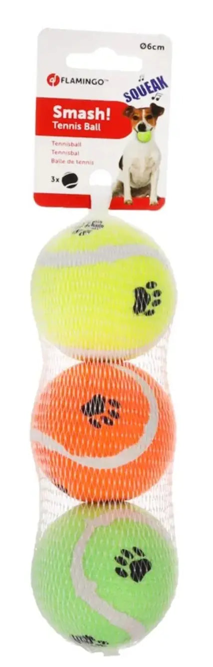 FLAMINGO  JUGUETE PERRO PELOTA TENIS SURTIDO CON SONIDO 6,5CM 3PZAS